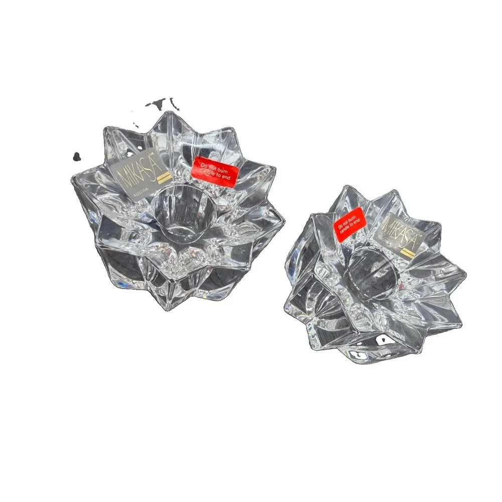 Mikasa Austria Crystal Lotus Taper Candle Holders Pair MCM Hollywood Regency New